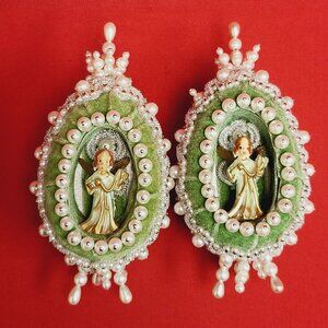 Vintage Jeweled Push Pin Angel Egg  Angel Figurine Faux Pearl Beads Set of 2